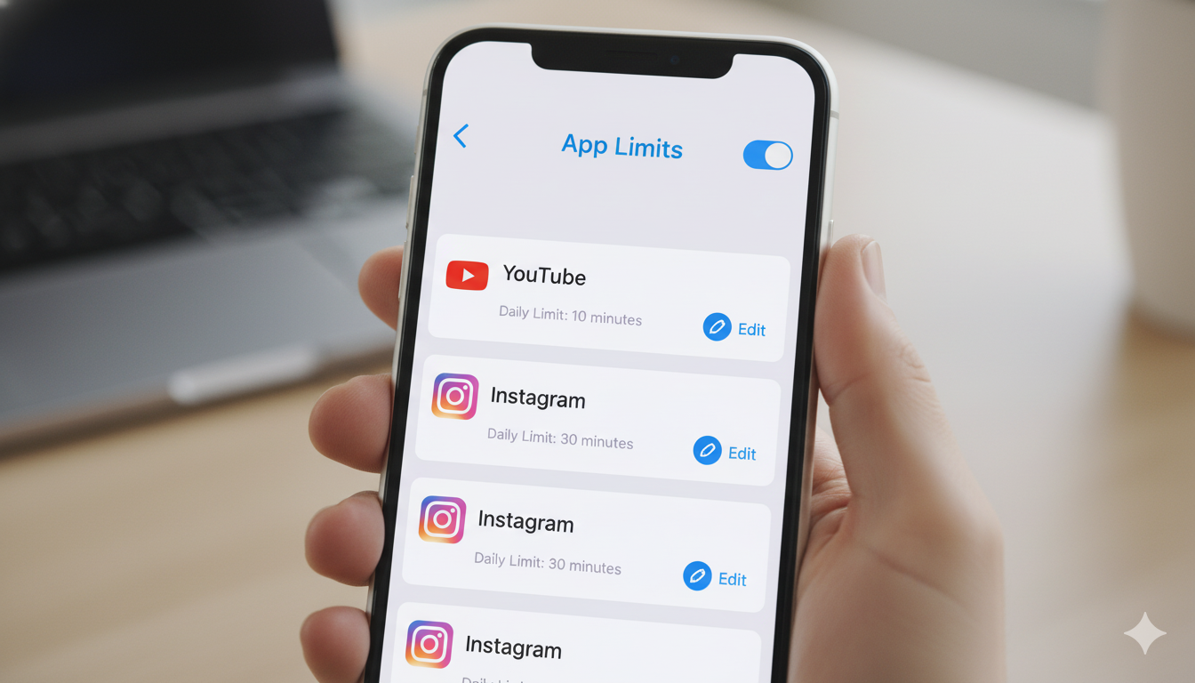 스마트폰 앱 사용 시간 제한 설정 화면