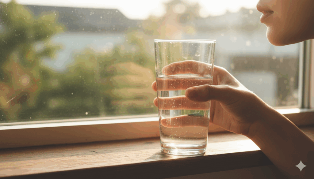 햇살이 비치는 창가에서 투명한 물 한 잔을 마시는 모습