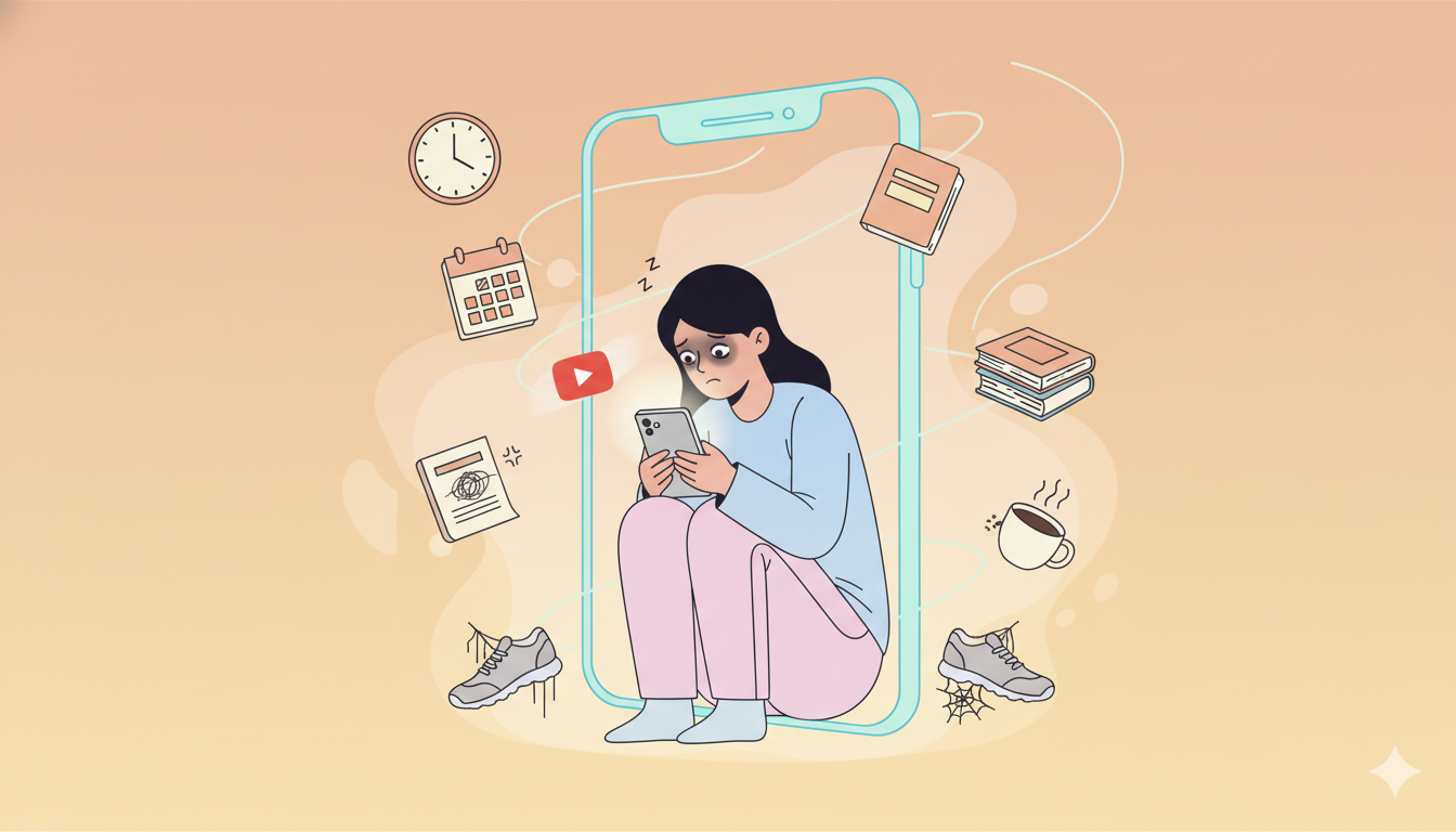 숏폼 중독 증상을 보여주는 일러스트