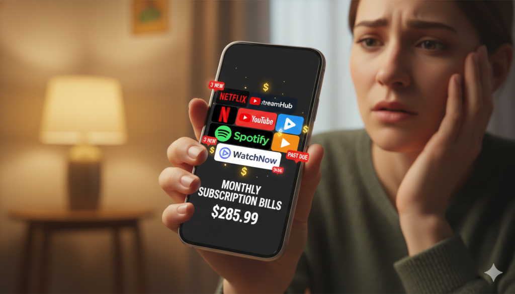 스마트폰 화면에 쌓인 여러 구독 서비스 아이콘과 비용 알림