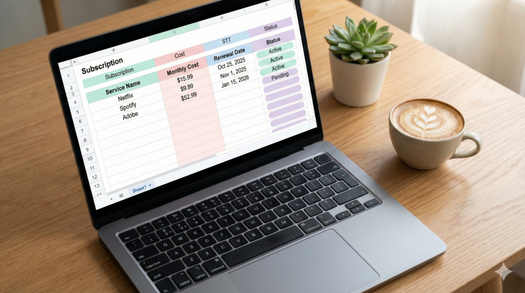구독 서비스를 관리하는 스프레드시트 화면