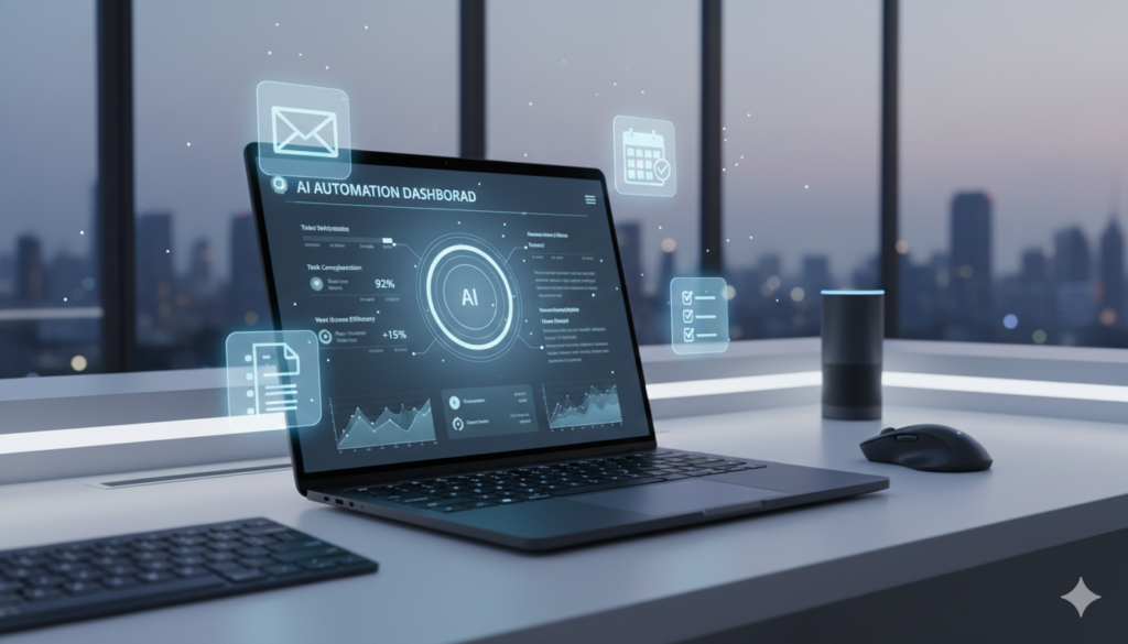 AI 자동화 대시보드가 표시된 노트북, 업무 효율을 높이는 기술