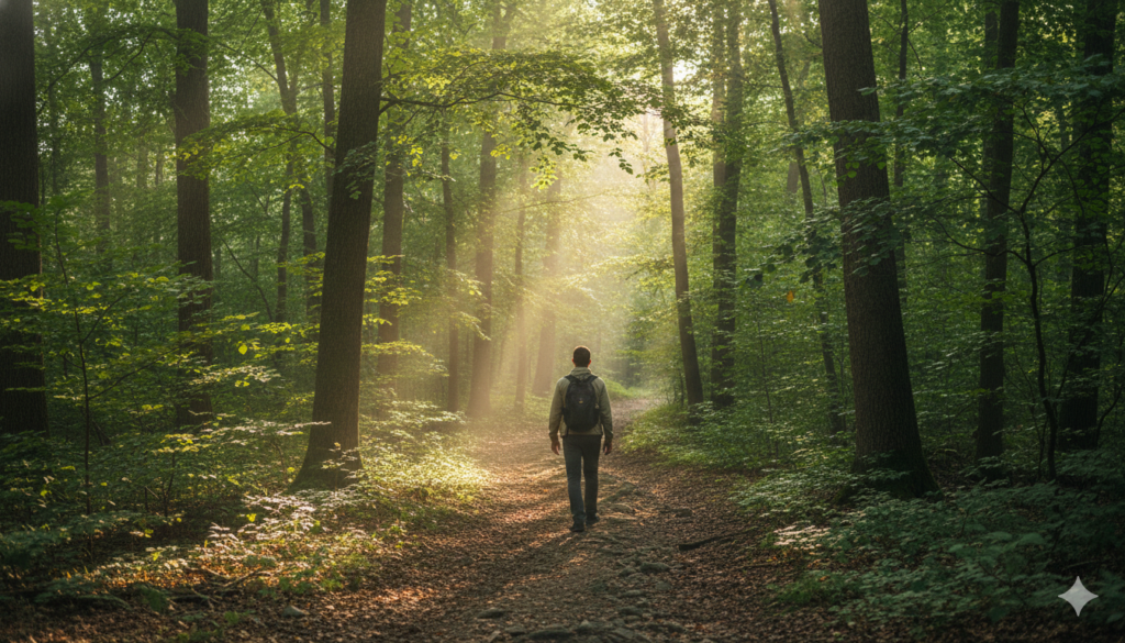 스마트폰 없이 숲길을 걷는 사람, 자연 속 디지털 디톡스