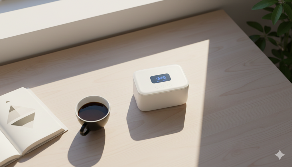 스마트폰 타임락 보관함과 책이 놓인 책상, 디지털 디톡스를 위한 작업 공간