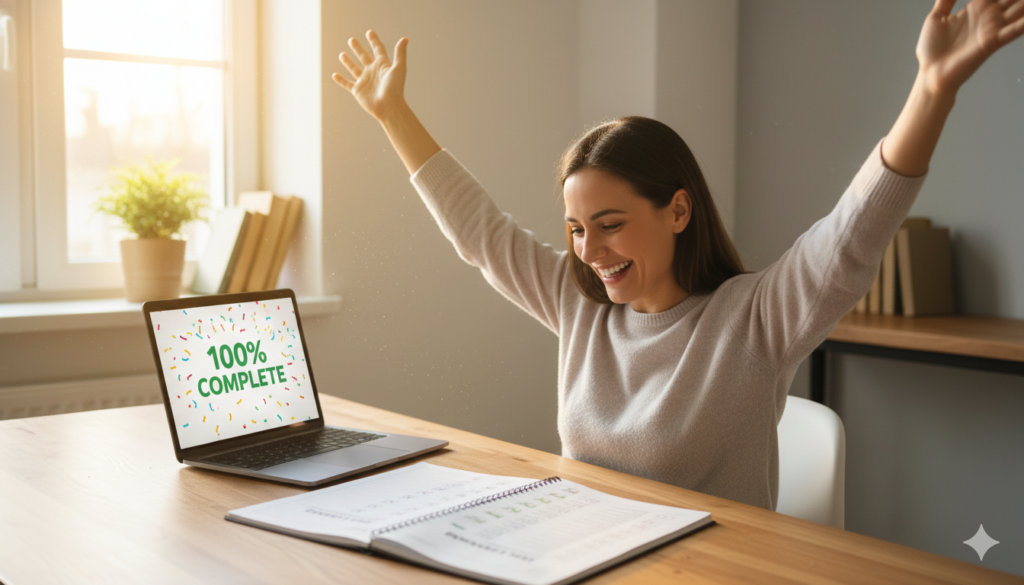 목표를 달성하고 기뻐하는 사람, 체크리스트와 함께