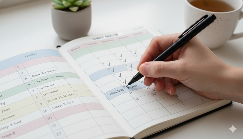 습관 트래커 노트북에 체크 표시를 하는 손