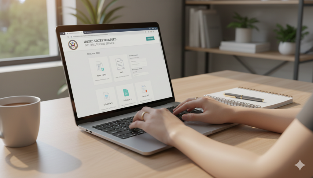 홈택스 웹사이트에서 연말정산 간소화 서비스를 확인하는 노트북 화면