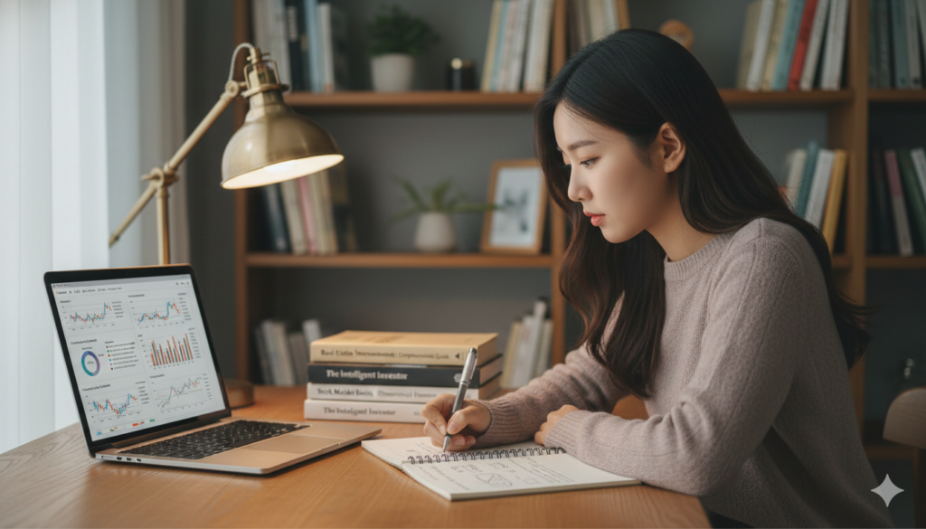 투자 공부를 하는 월급쟁이, 책과 노트북