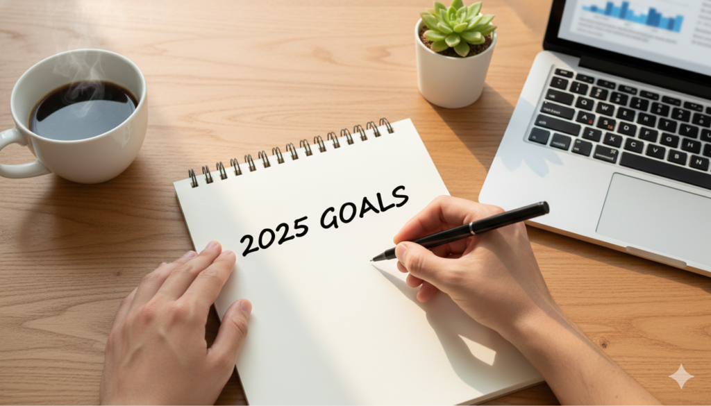 노트와 펜을 들고 새해 목표를 작성하는 사람의 손