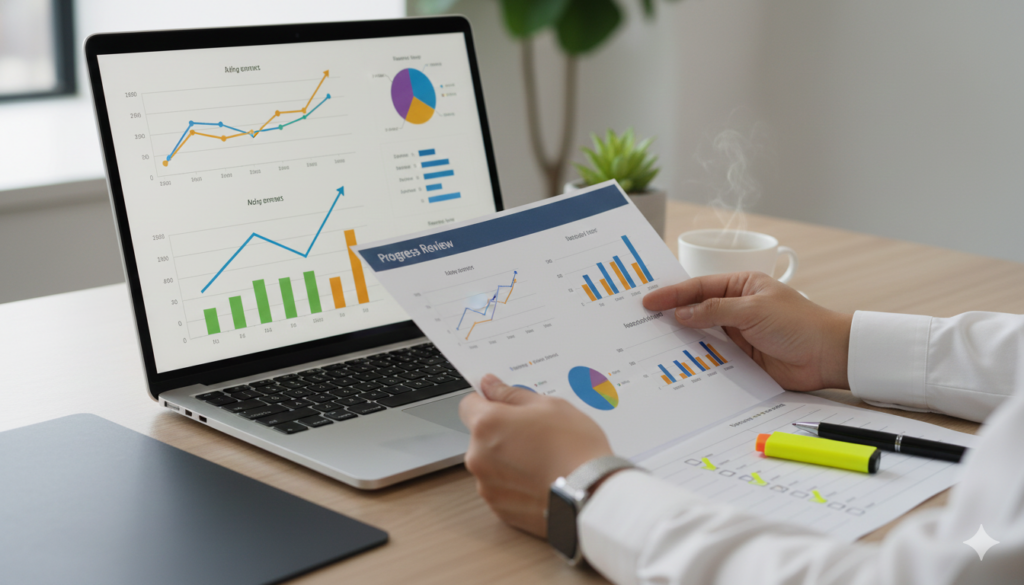 목표 달성 진행 상황을 확인하는 그래프와 체크리스트