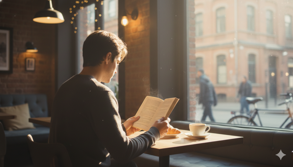 카페 창가에서 종이책을 읽는 사람, 디지털 없는 휴식 시간