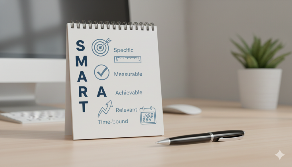 SMART 목표 설정 방법을 시각화한 다이어그램과 노트