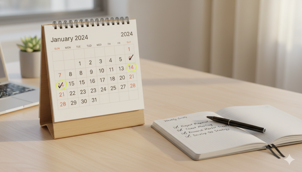 1월 달력과 연말정산 체크리스트가 있는 책상