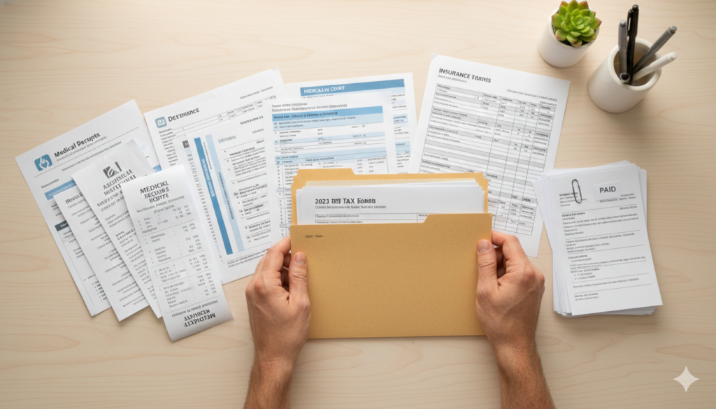 연말정산 서류를 파일 폴더에 정리하는 모습