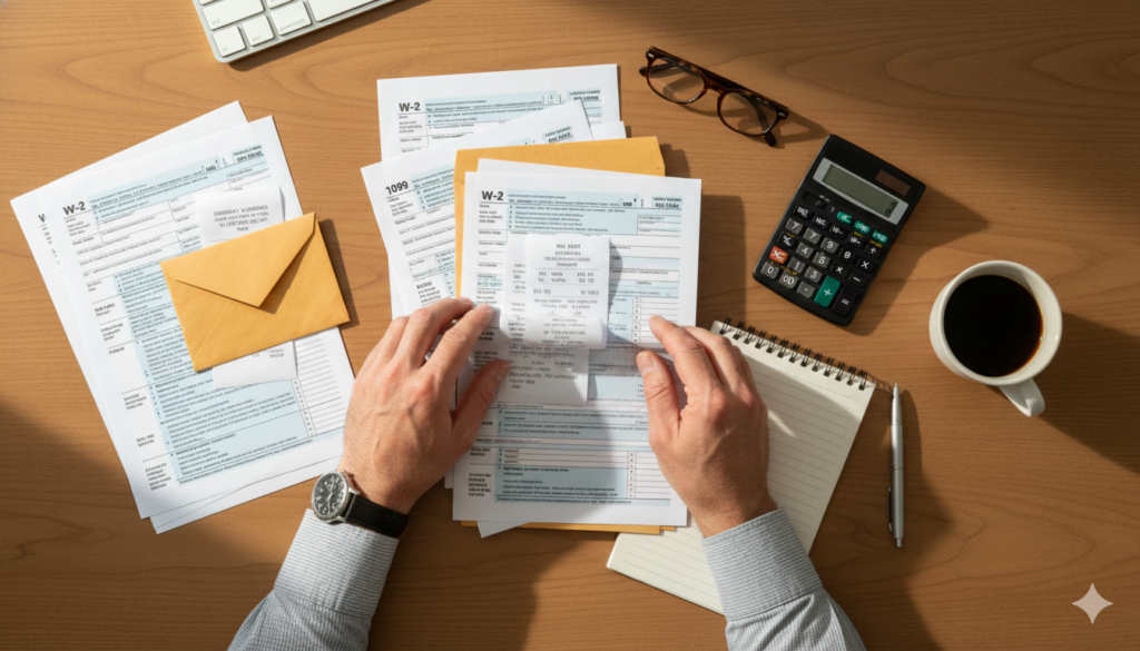 연말정산 서류와 계산기를 정리하는 사람의 손